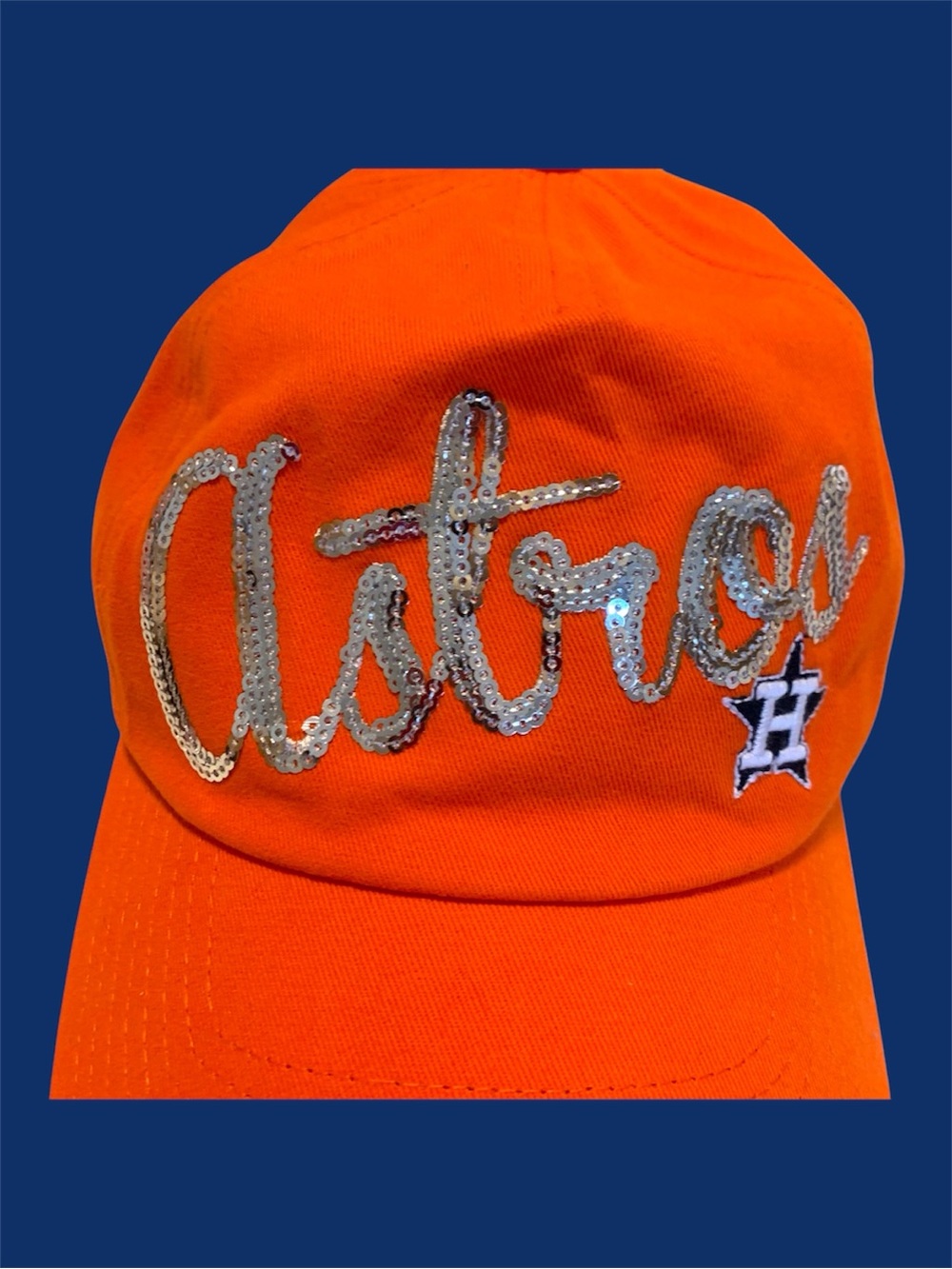 Orange hat Silver Sequin script Houston Astros baseball cap genuine merch OS